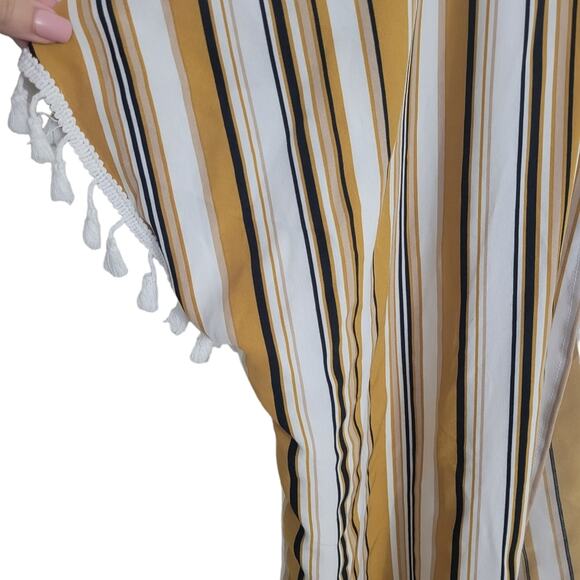 Shein Kimono Cardigan Sz L Yellow White Black Swim Beach long Tassels open front - Picture 7 of 10